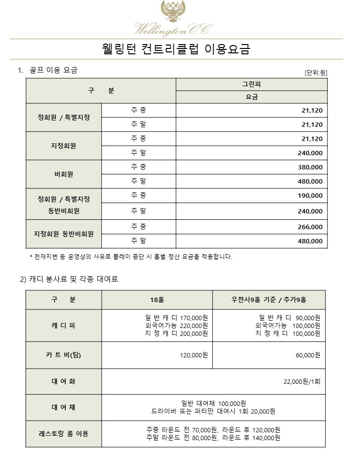 웰링턴 컨트리클럽 이용요금